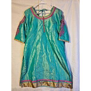Teal Indian Tunic Top Blouse Beautiful Embroidery Womens XL Floral Satin Hippie